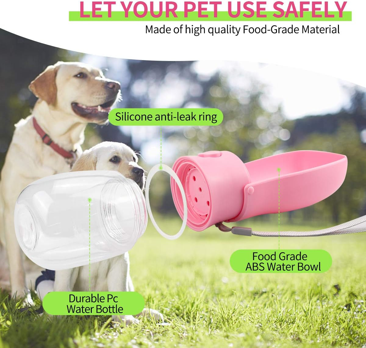Dog Water Bottle, Foldable Pet Portable Water Dispenser with Drinking Feeder, Leak Proof Water Bottle for Dogs Cat, Outdoor Walk Travel Pet Water Cup Pink (10 Oz)